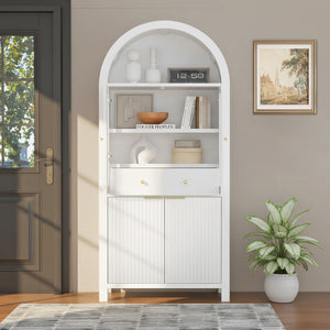 Fluted Tall Arched Pantry Cabinet With Adjustable Shelves, Glass Door & Hidden Drawer For Kitchen