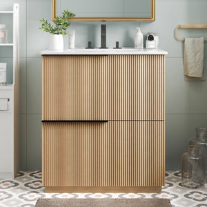 Fluted Bathroom Vanity With Ceramic Sink, Soft Close Slides