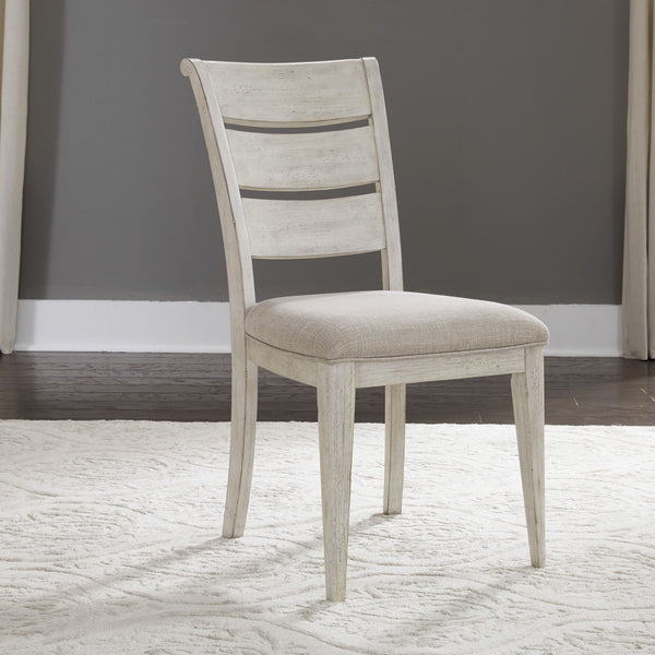 Farmhouse Reimagined - Ladder Back Upholstered Side Chair - Antique White / Chestnut Tops