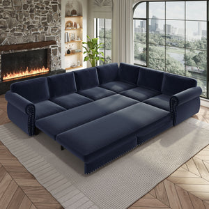 L-Shaped Sofa Couch With Pull Out Bed With Nailhead Trim & Rolled Arm
