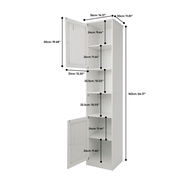Tall Bathroom Cabinet With Adjustable Shelves, Louvered Door Floor Standing Storage Unit - White