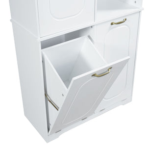Freestanding Tall Storage Cabinet With 2 Tilt Out Hampers, Adjustable Shelves, Soft Close Door, Door Mounted Organizer - White