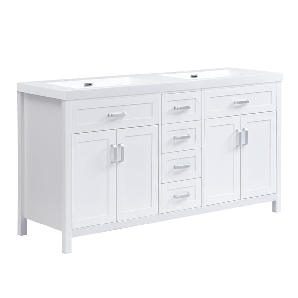 59.1" Minimalist Double Sink Bathroom Vanity With Top, Soft Close Doors & Drawers - White