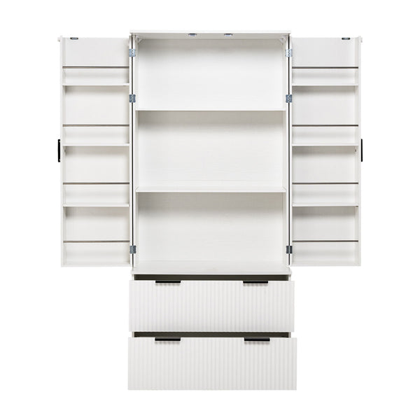 Fluted Kitchen Pantry Cabinet With 2 Large Drawers & 8 Door Spice Rack