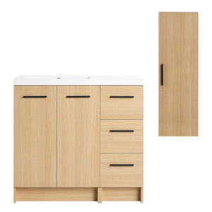 Freestanding Bathroom Vanity Set With Tall Linen Cabinet, 3 Drawers And Large Storage, Single Sink