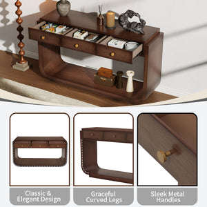 Console Table With 3 Drawers, Display Shelf, Curved Legs - Walnut