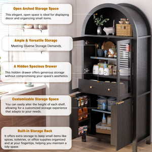 Fluted Tall Arched Pantry Cabinet With Adjustable Shelves, Glass Door & Hidden Drawer For Kitchen