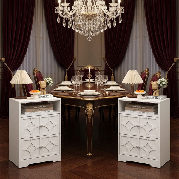 Nightstand With Diamond Carvings Handles, 2 Drawers & Charging Station