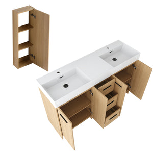 Double Sink Bathroom Vanity Set With Tall Linen Cabinet, 3 Drawers, Extra Large Storage, Integrated Sink, Freestanding Cabinet - Light Oak / White