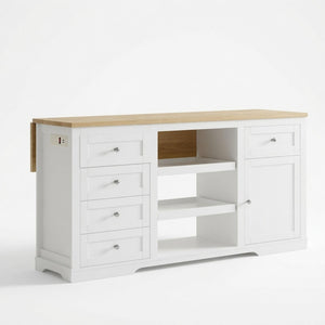 Drop Leaf Kitchen Island With Storage, Power Outlet & Pet Bowl Drawer - White / Light Oak