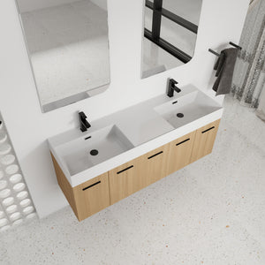 Floating Double Sink Bathroom Vanity With Extra Large Storage, Integrated Sink, Soft Close Doors, Wall Mounted Bath Vanity - Glossy White / Light Oak
