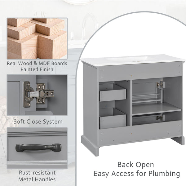 36" Bathroom Vanity With Sink, 2 Tip-Out Drawers, Soft Close Hinges