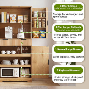 Fluted Kitchen Pantry Cabinet With 3 Keyboard Drawers & 6 Door Shelves Adjustable
