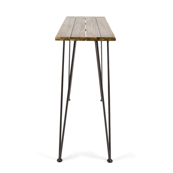 Dione Outdoor Industrial Acacia Wood Bar Set With Metal Frame And Slat Paneling - Brown
