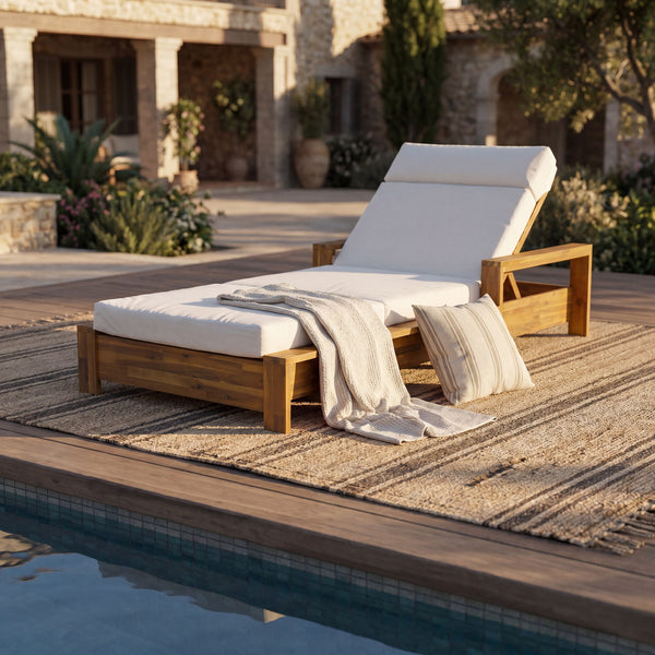 Chaise Lounge Set With 4 Fold Cushion And Built In Headrest, 3 Position Adjustable, For Patio Pool - Cream / Teak