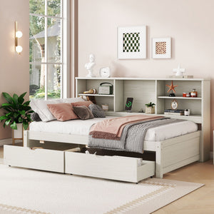 Bed Frame With Side Bookshelves, 2 Drawers, And Built In USB Port