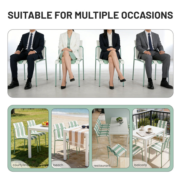 4 Piece Set Of Striped Color Blocking Single Chairs With Long Table - Cream White / Haze Green / White