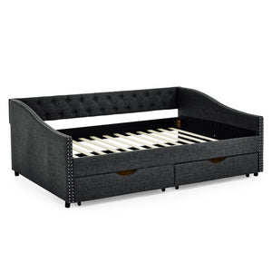 Full Size Upholstered Daybed With Tufted Back And Nail Trimmed Waved Arms - Dark Gray