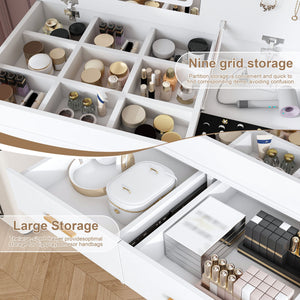 Flip Top Vanity Desk With LED Mirror & Outlet Makeup Table With 2 Drawers, Open Storage, And Jewelry Hooks - White