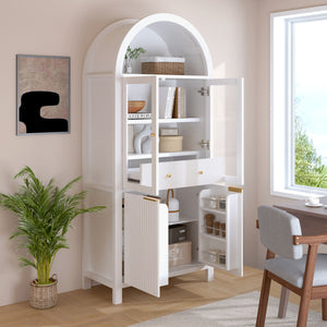 Fluted Tall Arched Pantry Cabinet With Adjustable Shelves, Glass Door & Hidden Drawer For Kitchen