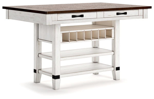 Valebeck - Rect Dining Room Counter Table With Wine Rack - White / Brown
