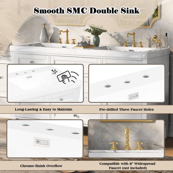 Bathroom Vanity With Double Sink, 3 Drawers, 2 Doors, Adjustable Shelves, Freestanding - White