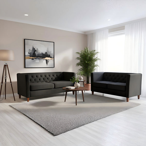 Button Tufted Loveseat, 2 Seater With Square Arm Couch For Living Room - Black