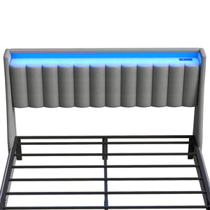 Upholstered Platform Bed Frame With RGB LED Lights, Charging Station & 2 Underbed Drawers