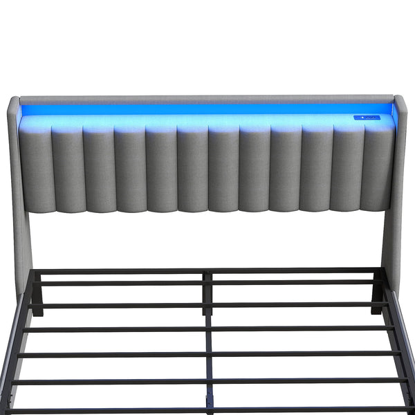 Upholstered Platform Bed Frame With RGB LED Lights, Charging Station & 2 Underbed Drawers