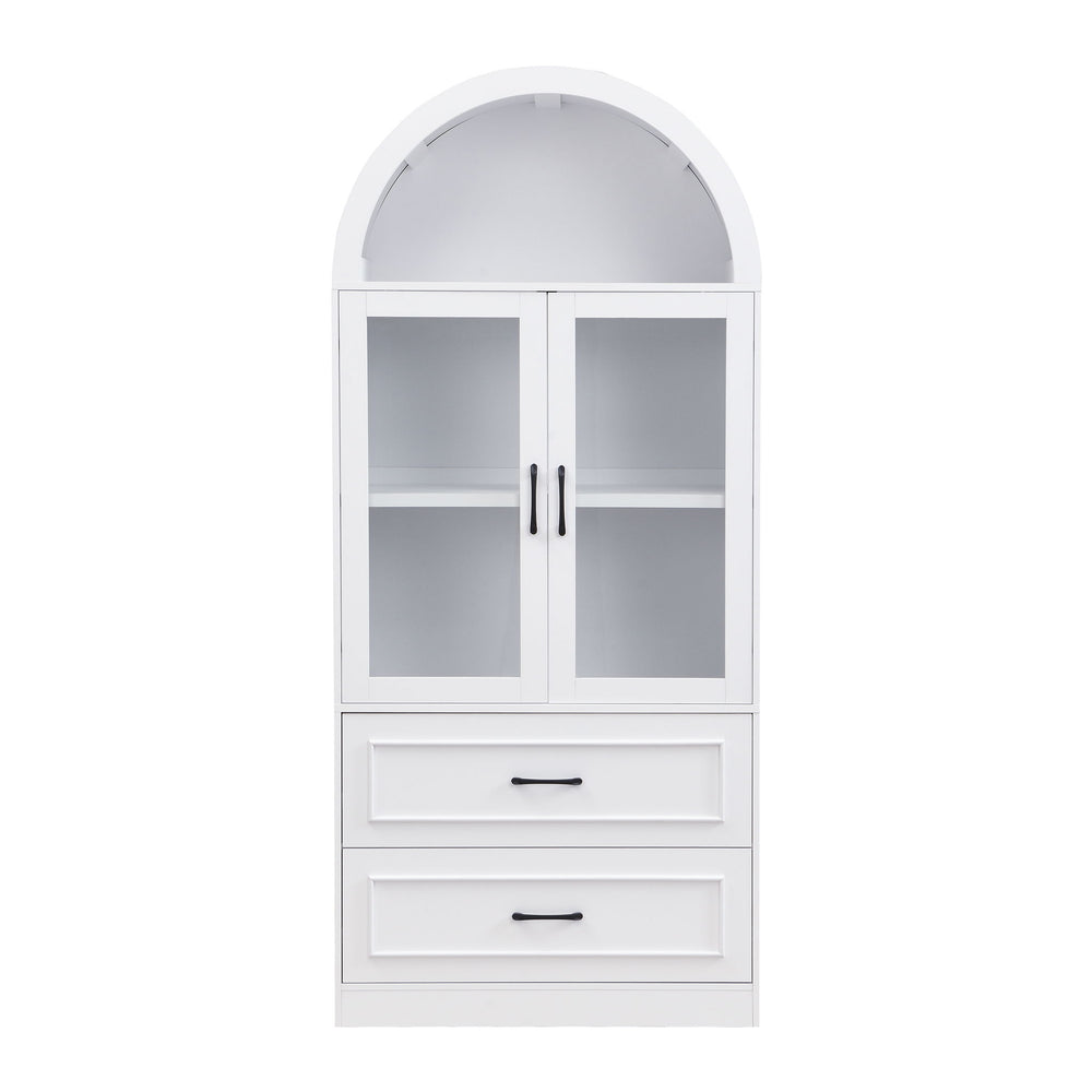 Arched Top Storage Cabinet With Fixed 2 Tier Shelves, 2 Large Drawers