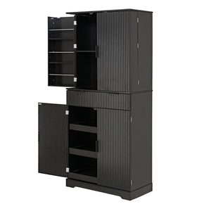 Fluted Kitchen Pantry Cabinet With 3 Keyboard Drawers & 6 Adjustable Door Shelves