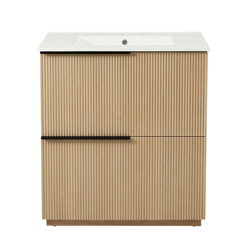 Fluted Bathroom Vanity With Ceramic Sink, Soft Close Slides