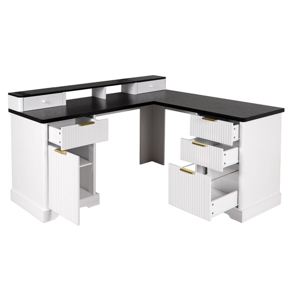 Fluted L-Shaped Desk With Charging Station & Storage Cabinet