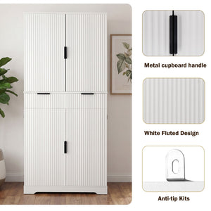 Fluted Kitchen Pantry Cabinet With 3 Keyboard Drawers & 6 Adjustable Door Shelves