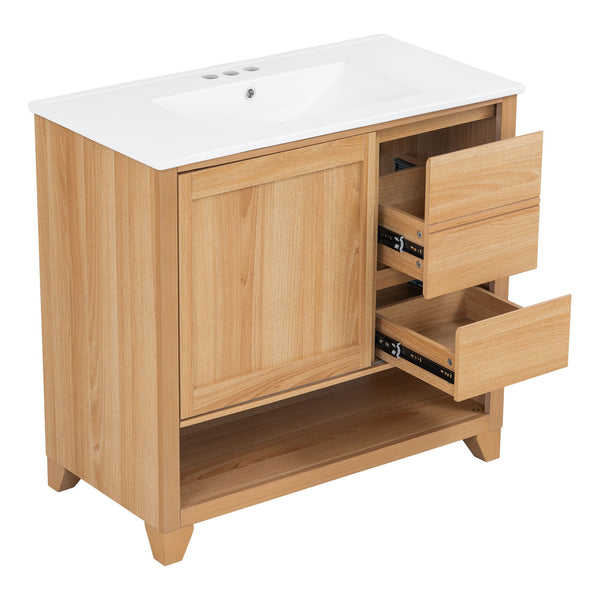 36" Bathroom Vanity With Sink, Soft Close Drawers - Natural