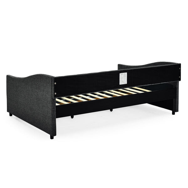 Full Size Upholstered Daybed With Tufted Back And Nail Trimmed Waved Arms - Dark Gray