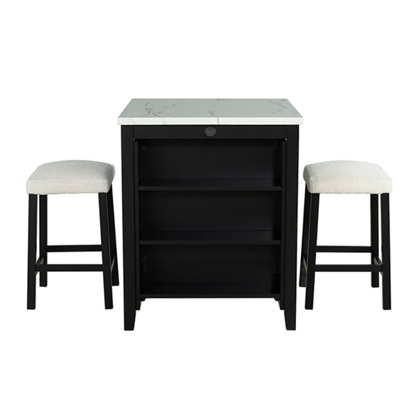Dining Table Set With Storage Shelves, 3 Piece With 2 Stools - Black / Ivory / White