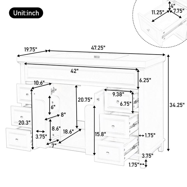 Bathroom Vanity Cabinet Only, 6 Soft Close Drawers & Double Doors - White