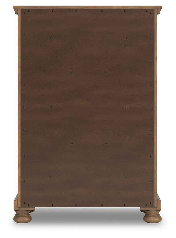 Feddinger - 5 Pc. - Queen Sleigh Storage Bed, Dresser, Mirror, Chest And Nightstand - Medium Brown