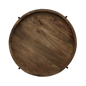 Modern Industrial Round End Table With Tray Top And Foldable Iron Legs - Natural