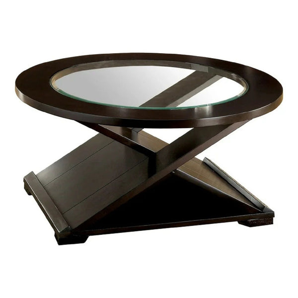 Coffee Table With Cross Design Base, Beveled Glass Top - Espresso