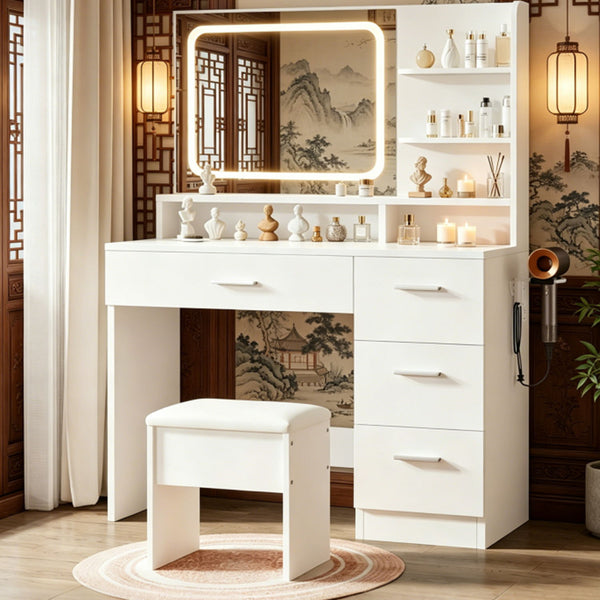 Vanity With LED Mirror And Storage Drawers For Bedrooms - Cream White