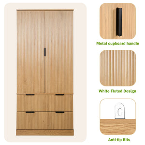 Fluted Kitchen Pantry Cabinet With 2 Large Drawers & 8 Door Spice Rack Freestanding Storage Organizer - Oak