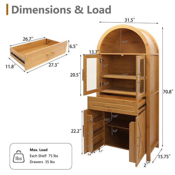 Arched Kitchen Pantry Cabinet With Adjustable Shelves And Barn Door Design