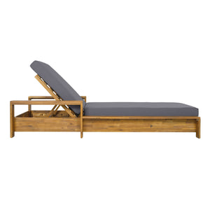 Chaise Lounge With Armrests, 2 Fold Cushion Set, 3 Position Adjustable Backrest, For Patio Pool - Dark Gray / Teak