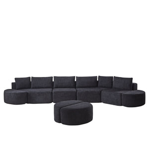 Modular Sectional Sofa With 6 Pillows And 4 Curved Footstools For Living Rooms - Black