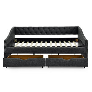 Full Size Upholstered Daybed With Tufted Back And Nail Trimmed Waved Arms - Dark Gray