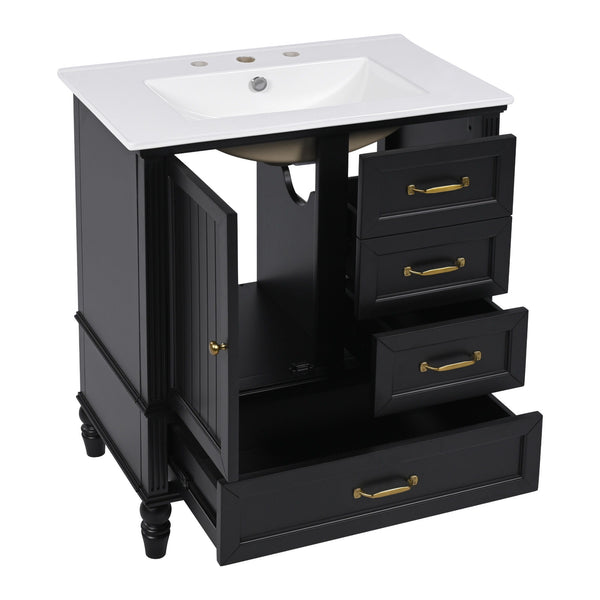 30" Bathroom Vanity With Sink, 3 Drawers, Adjustable Feet