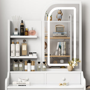 Fashion Vanity Desk With Mirror And Lights For Makeup, Hair Dryer Holder And Chair, Adjustable Lighting - White