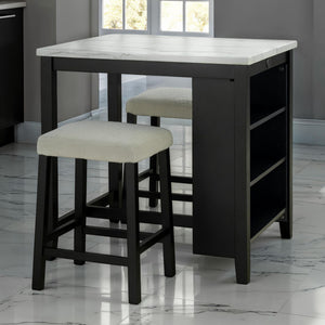 Dining Table Set With Storage Shelves, 3 Piece With 2 Stools - Black / Ivory / White